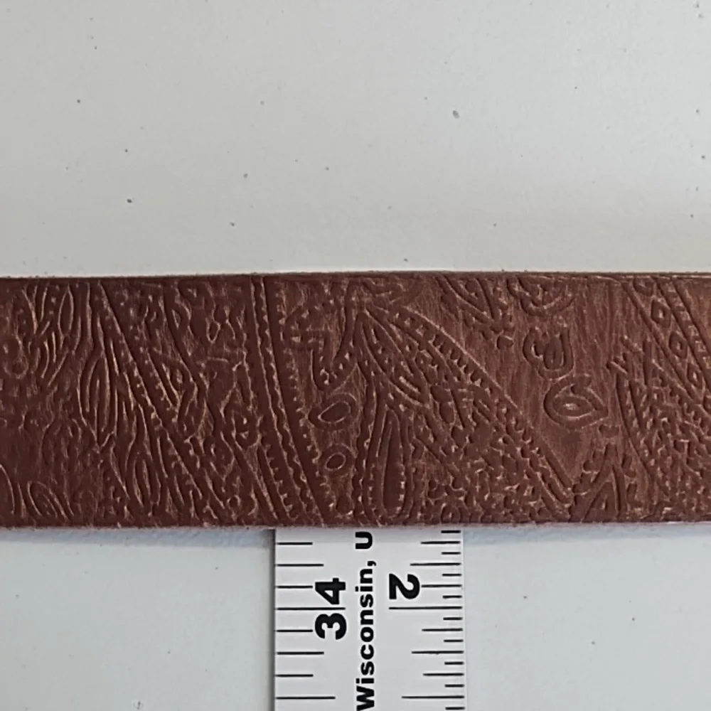 Brown Tooled Leather Belt with Coppery Metal Buckle With Rhinstones